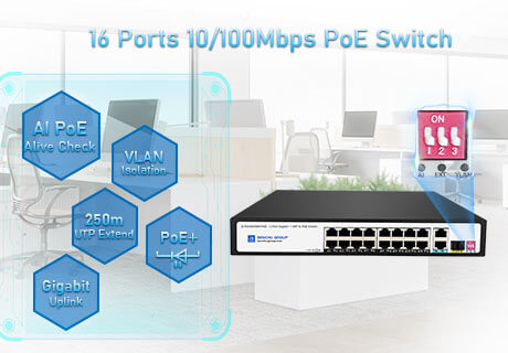 16-портовый неуправляемый коммутатор PoE+ с 2 гигабитными разъемами RJ45 и 1 гигабитным SFPUplink, SP5210-16PFE2GE1GF