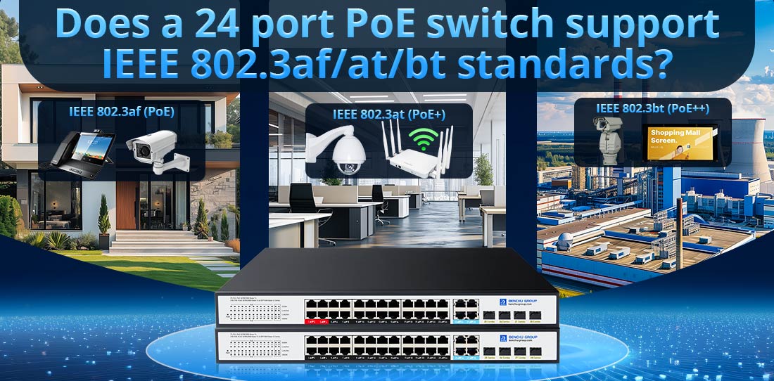 Does a 24 port PoE switch support IEEE 802.3af/at/bt standards?