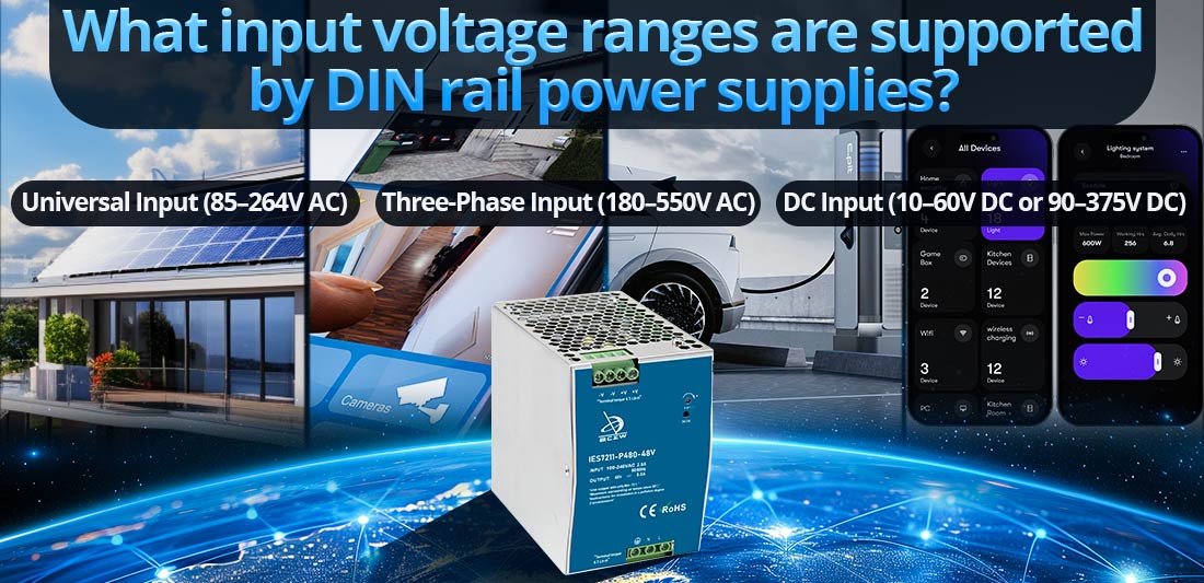 What input voltage ranges are supported by DIN rail power supplies?