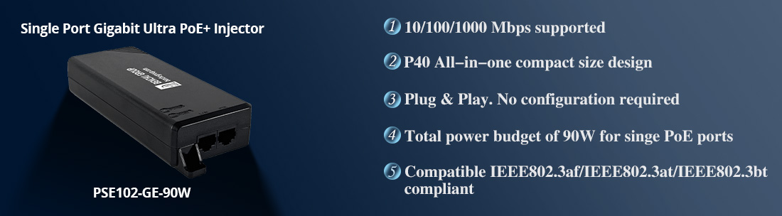 Single Port Gigabit Ultra PoE+ Injector