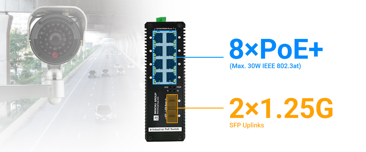 gigabit managed industrial PoE switch provide  8 PoE+ 10/100/1000Mbps RJ45 ports and 2-1.25G SFP