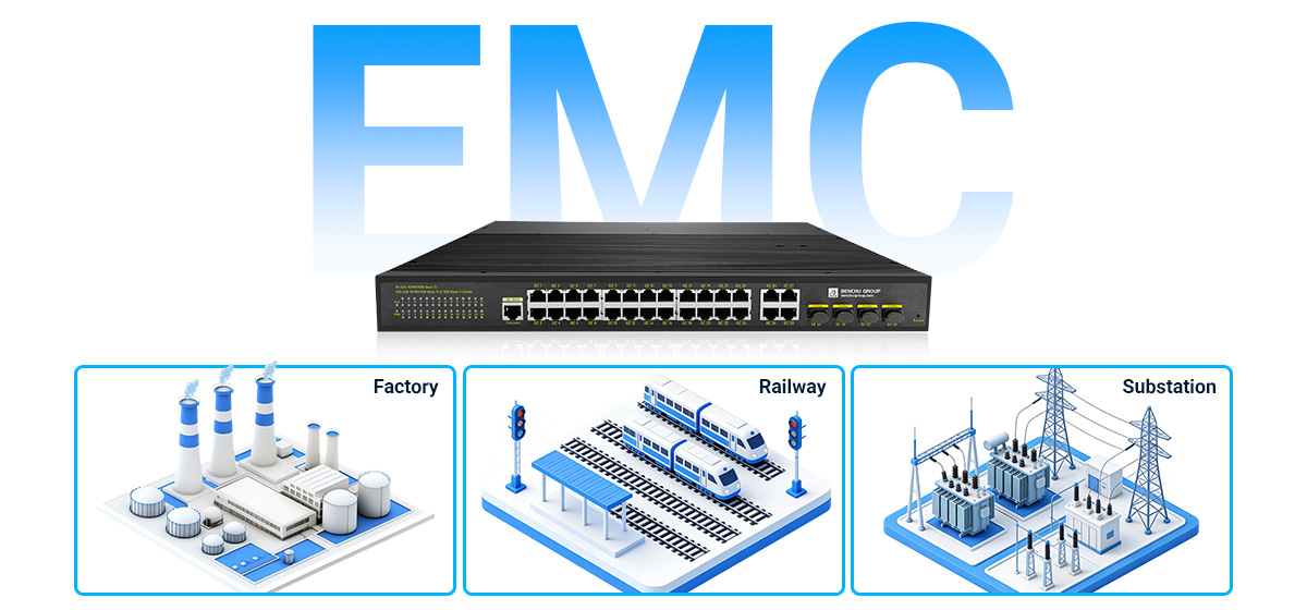 24-port industrial PoE switch complies with strict Electromagnetic Compatibility (EMC) standards 24-port industrial PoE switch complies with strict Electromagnetic Compatibility (EMC) standards