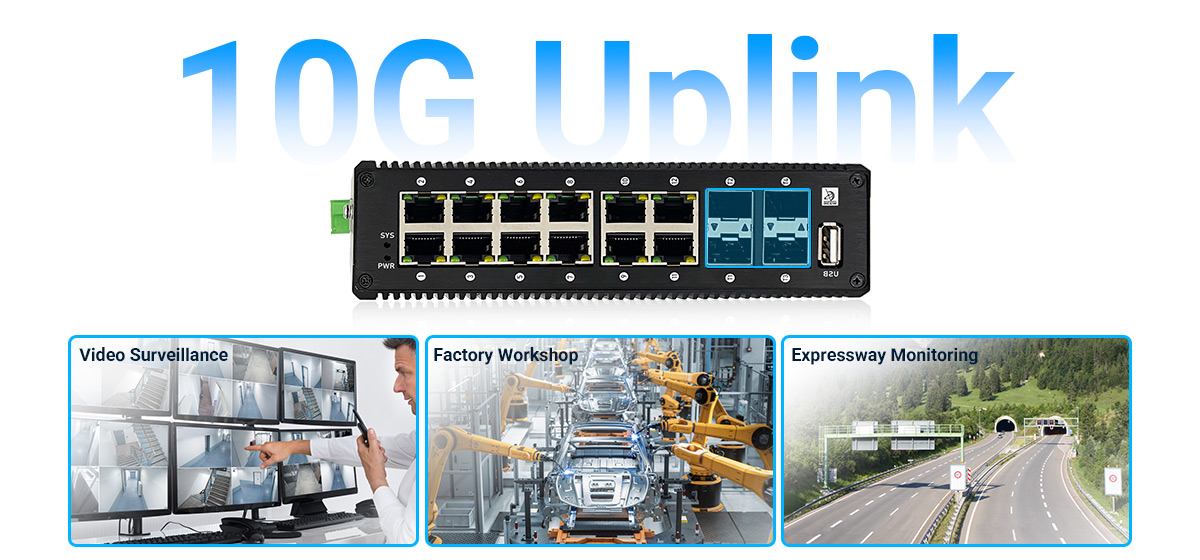 Industrial PoE switch features four 10G SFP+ optical ports for uplink provides ultra-high-speed connectivity