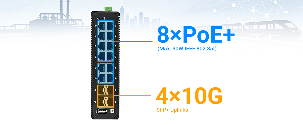 layer 3 managed industrial PoE switch provide  8 PoE+ 101001000Mbps RJ45 ports
