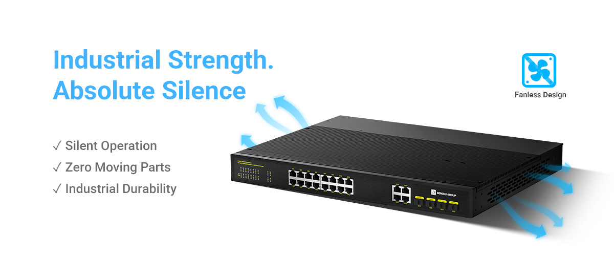 Industrial PoE switch employs a fanless design Industrial PoE switch employs a fanless design