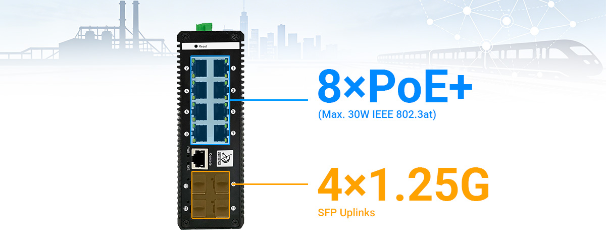 gigabit managed industrial PoE switch provide gigabit ethernet port and gigabit fiber port configuration gigabit managed industrial PoE switch provide gigabit ethernet port and gigabit fiber port configuration