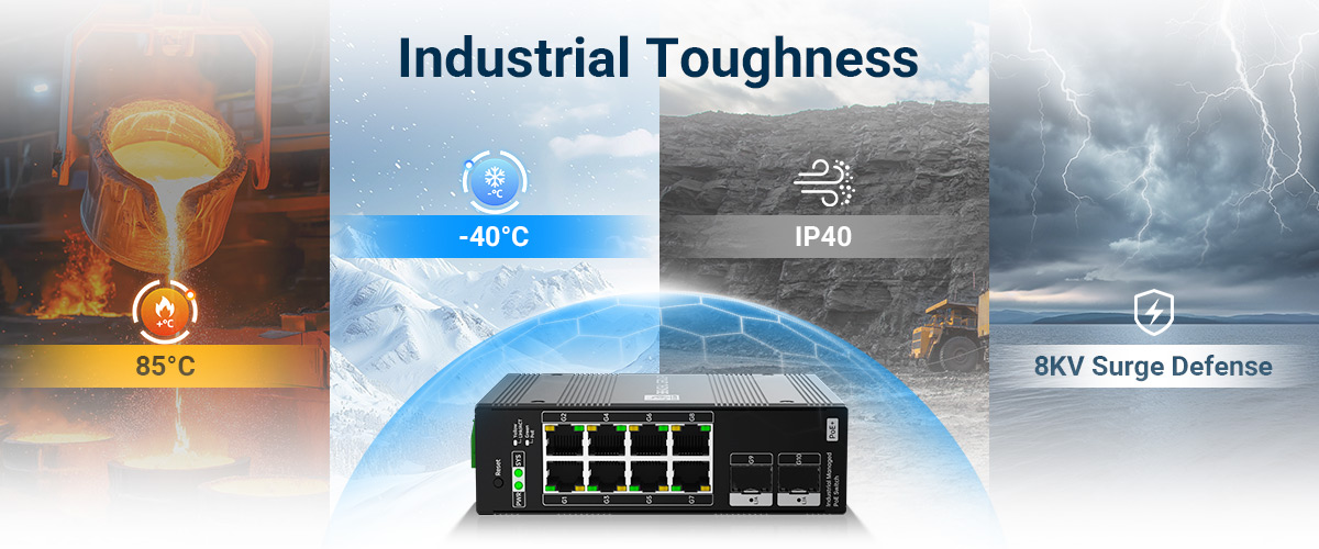 8 port industrial poe switch operates flawlessly from -40°C to 75°C with IP40 protection
