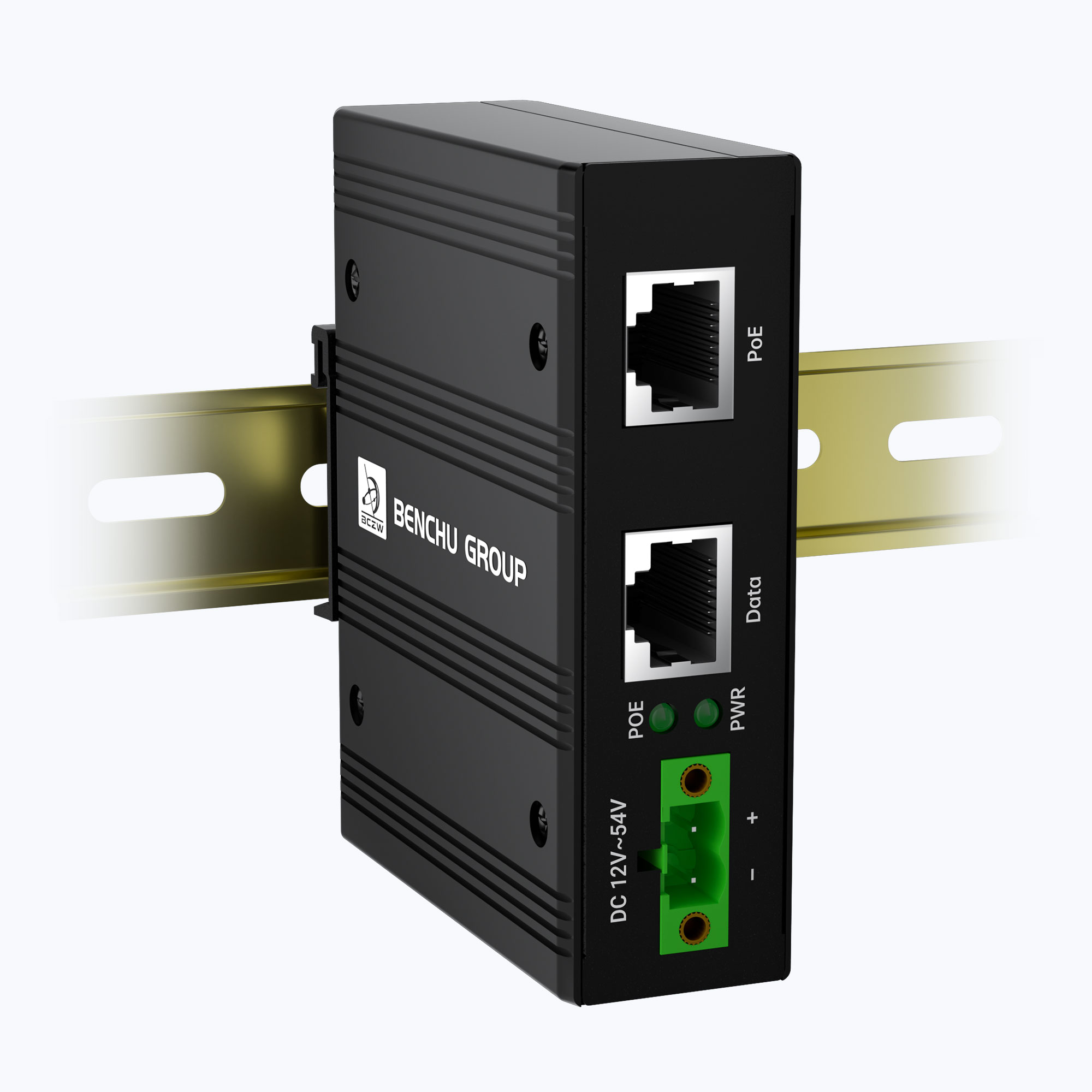 Benchu Group IES7211-102G-BT90-IPS 90W industrial PoE++ injector mounted on DIN-rail with dual terminal block.