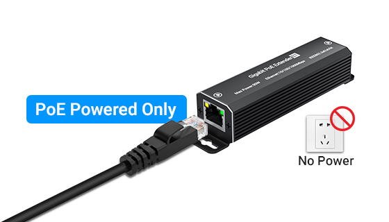Inline PoE Passthrough Design Requiring No External AC Grid Outlets Inline 1-port gigabit poe extender powered entirely via Ethernet cable with zero AC power adapter.