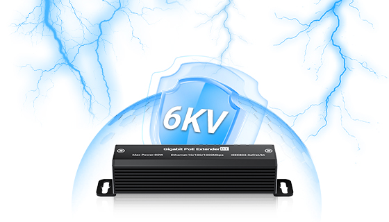 6KV Surge and Lightning Protection Circuitry on All RJ45 Ports Integrated 6KV surge suppressor protecting industrial poe repeater against lightning strikes and static.