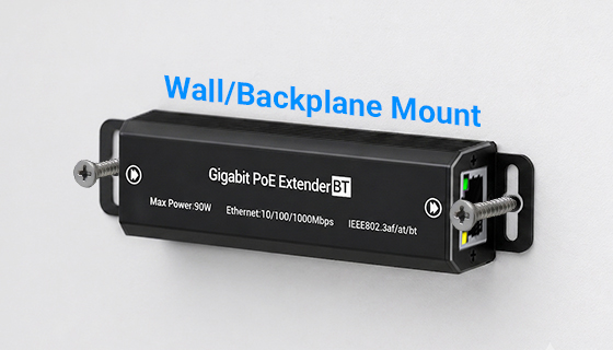 IP40 Aluminum Casing with Integrated Wall-Mount Installation Brackets Industrial 90W PoE repeater with heavy-duty wall-mount flange ears for surface screw installation in outdoor cabinets.