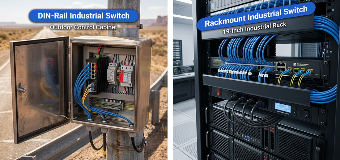 Comparison of DIN-Rail and Rackmount Industrial Switch deployments showing a field control cabinet with DIN-Rail switch installation and a centralized rack cabinet with rackmount industrial networking equipment.