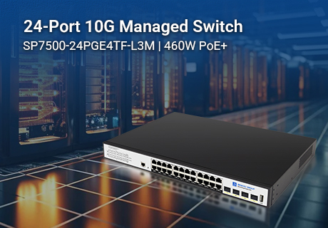 Преобразуйте свою сеть: SP7500-24PGE4TF-L3M обеспечивает 24 порта PoE+ и восходящие каналы 10 Гбит/с для требовательных рабочих мест.
