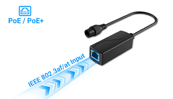 Active PoE to 24V converter receiving standard IEEE 802.3af/at power over Ethernet input from upstream switch.