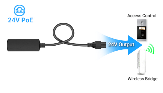 Regulated 24V passive PoE output port delivering stable power to outdoor wireless CPE and bridges.
