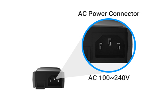 Integrated 100-240V AC internal power module with standard AC C14 power socket.