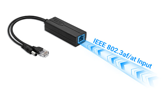 24W Gigabit PoE splitter PoE-SP01-AT with IEEE 802.3af/at PoE+ input from standard PoE switch.
