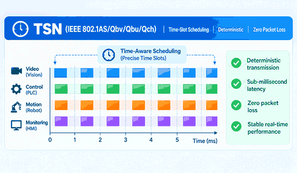 16-port Layer 3 TSN switch supporting IEEE 802.1AS, 802.1Qbv, and 802.1Qbu for deterministic low-latency industrial Ethernet.