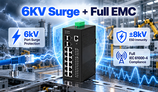 6kV port surge protection and full IEC 61000 EMC compliance on industrial TSN switch for electrically noisy environments.